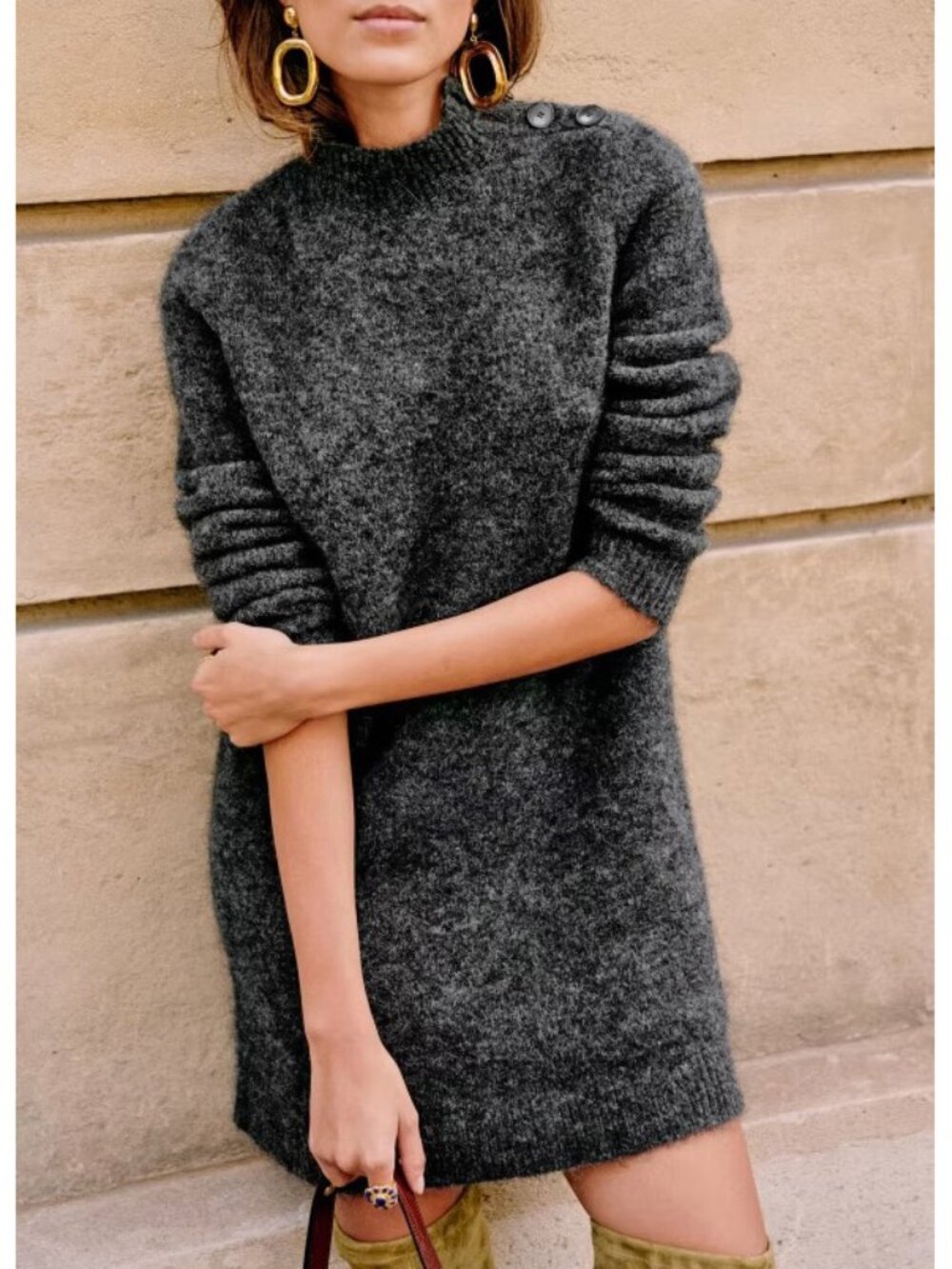 EUC Sézane Polly Wool Mohair Button Detail Sweater Dress Charcoal XS
